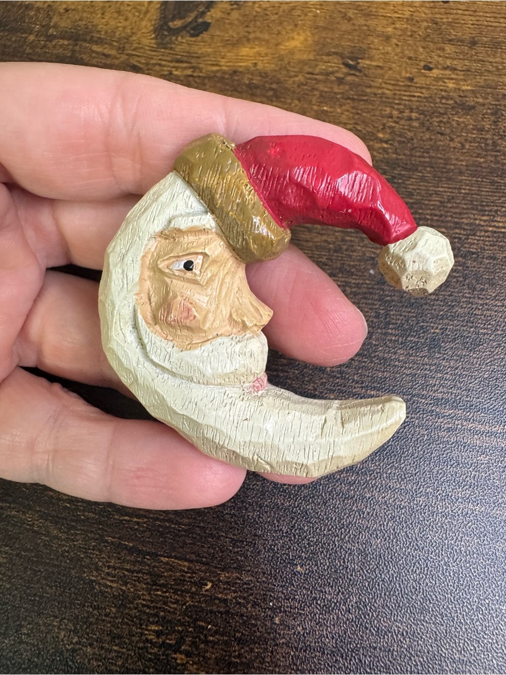 Vintage Crescent Moon Santa Brooch in Cream, Red and Gold